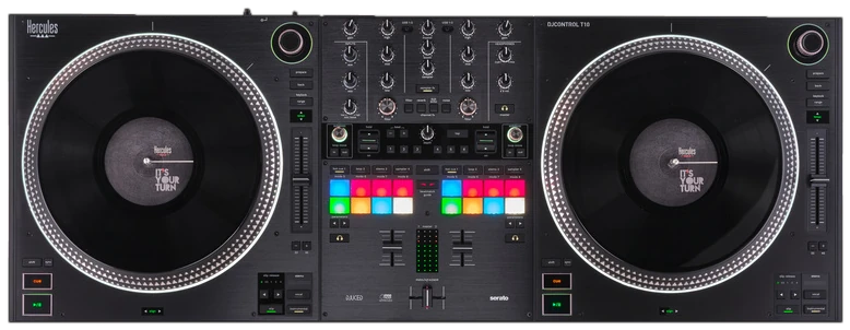 Hercules DJControl T10 seen from above: two platters, mixer, pads and crossfader